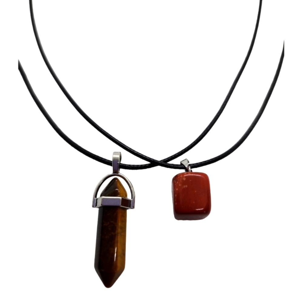 Set Of 2 Gemstones Black Leather Necklace 18"